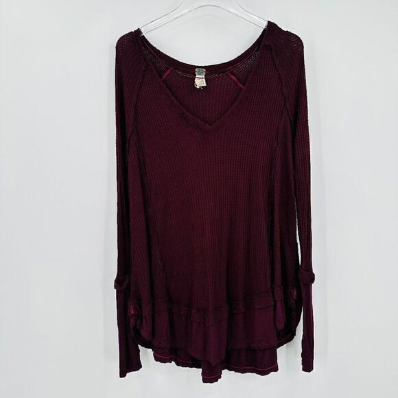 Free People Size XS Maroon Wide Red Oversized Boho Laguna Tunic Top Waffle Knit - Picture 2 of 8